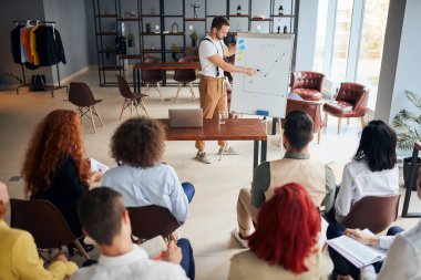 Genç işadamı ortaklara fikir sunumu yapıyor.