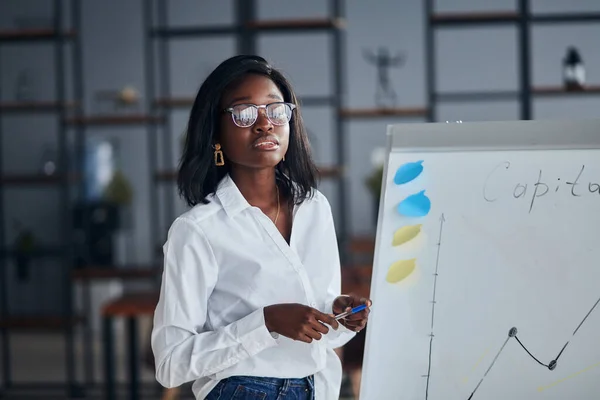 Donna africana di successo e fiduciosa in camicia bianca e jeans in ufficio — Foto Stock