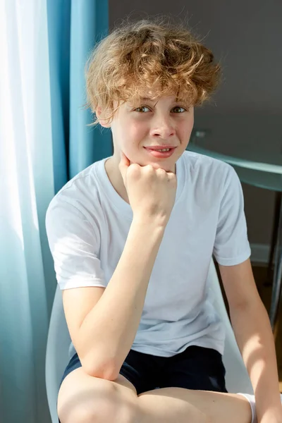Porträtt av lockigt rödhårig fräknig pojke — Stockfoto