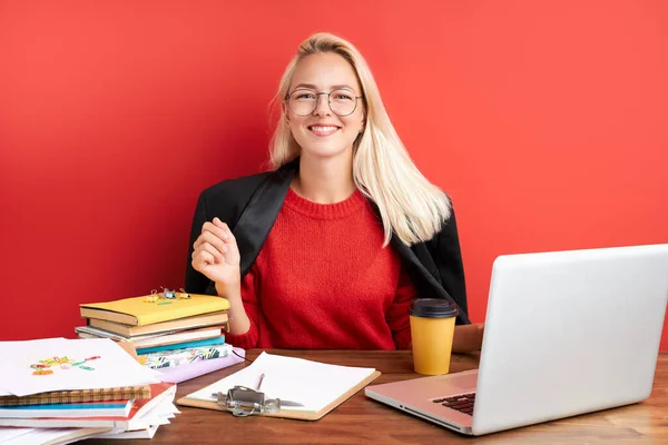 adorable caucasian woman love work in office