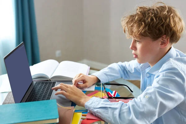 少年はプレゼンテーションを準備し、レポートを作成し、ノートパソコンのキーボードに入力し — ストック写真