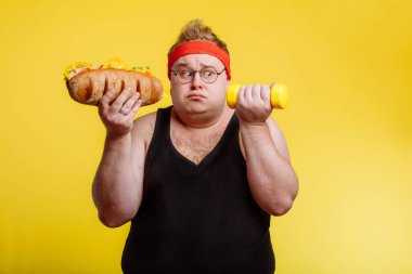 Fat man choise between sport and fastfood clipart