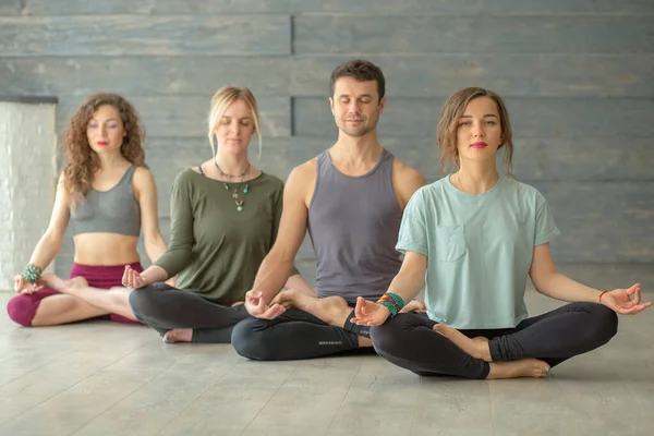 Yoga eğitimi. Bacak bacak üstüne atmış, yerde oturmuş meditasyon yapan insanlar.. — Stok fotoğraf
