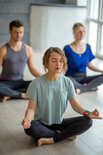 Yoga yapan konsantre insanlar stüdyoda yarım Lotus egzersizi yapıyor. — Stok fotoğraf
