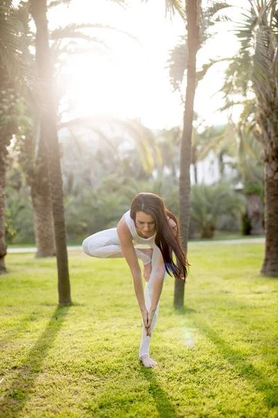 Attraktiv kvinna gör yoga träd pose, balansera på ett ben, med upphöjda händer. — Stockfoto