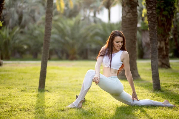 Vrouw oefenen krijger yoga pose buiten over groen natuur achtergrond. — Stockfoto
