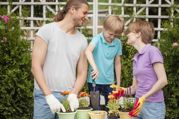 Anak laki-laki membantu orang tua menanam bunga dalam pot. Berkebun, menanam konsep. — Stok Foto