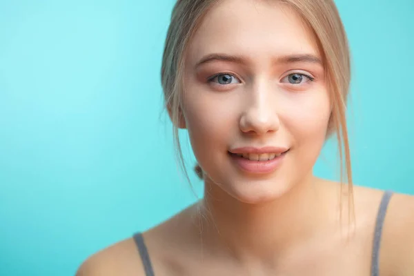 Close up portrait of young European woman with blonde hair and perfect skin — Stock Photo, Image
