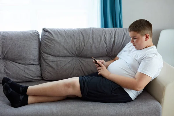 Chico gordo joven charlando con un amigo, sentarse con el teléfono móvil — Foto de Stock