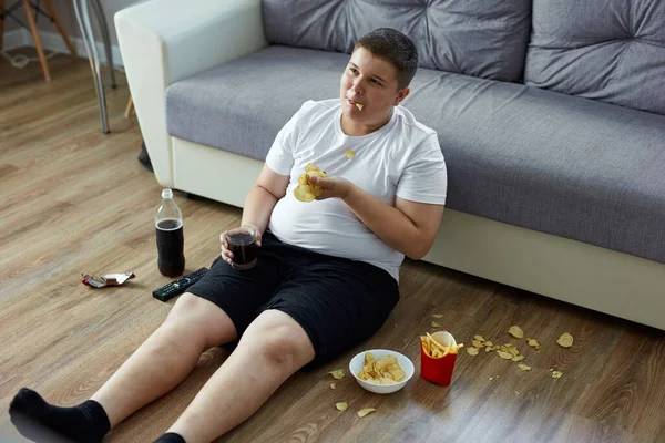 Un niño con sobrepeso disfruta llevando un estilo de vida pasivo poco saludable —  Fotos de Stock