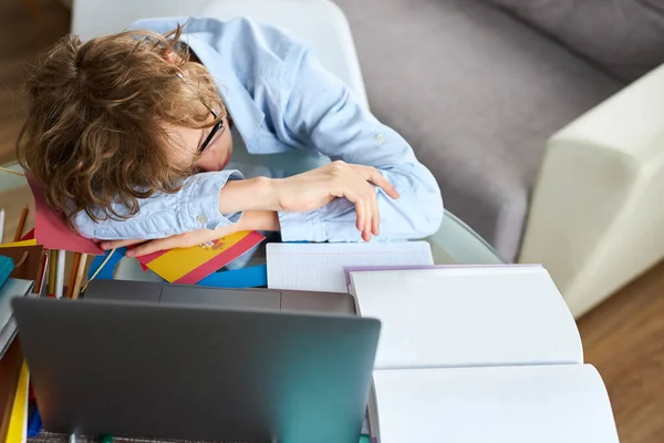 Young schoolboy sleep while doing homework online — Stock Photo, Image