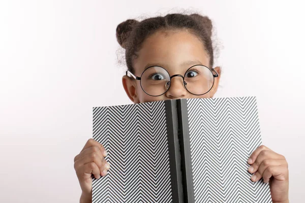 Petite fille intelligente avec des bunds à cheveux et des lunettes rondes cachées derrière le bloc-notes — Photo