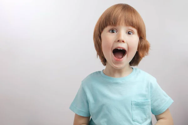 Jengibre agradable chico está cantando la canción. — Foto de Stock