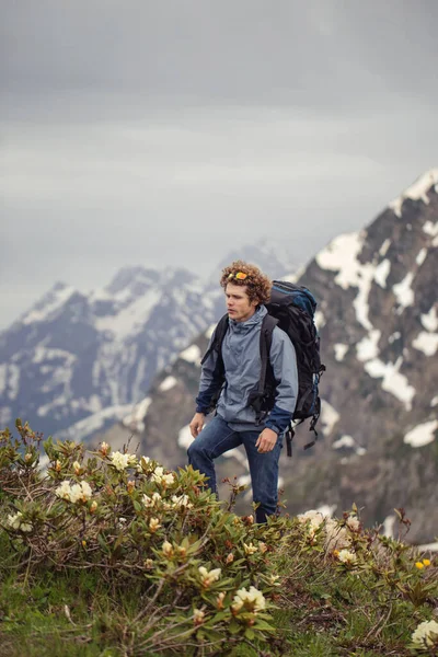 Turista activo está paseando entre los arbustos de la montaña — Foto de Stock