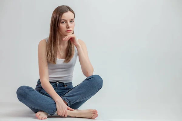 Full length portrait of nice hipster girl with pensive look — Stock Photo, Image