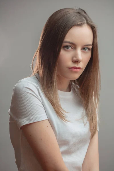 Portrait of serious nice female with piercing in the nose — Stock Photo, Image