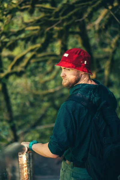 Hiker with backpack walking in mountain forest, climbing to the cliff — Stock Photo, Image