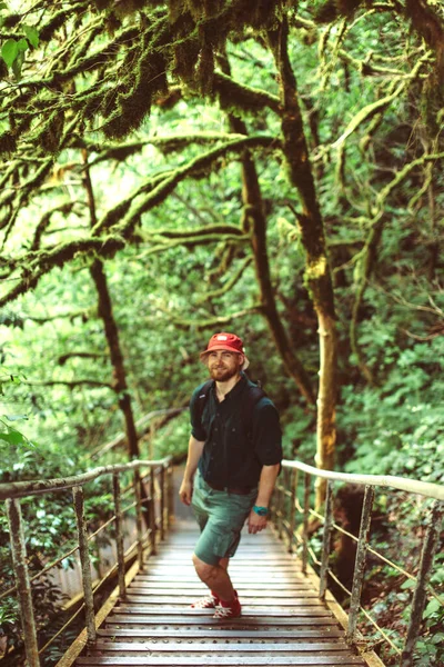 Voyageur avec sac à dos montant les escaliers en bois dans la forêt verte — Photo