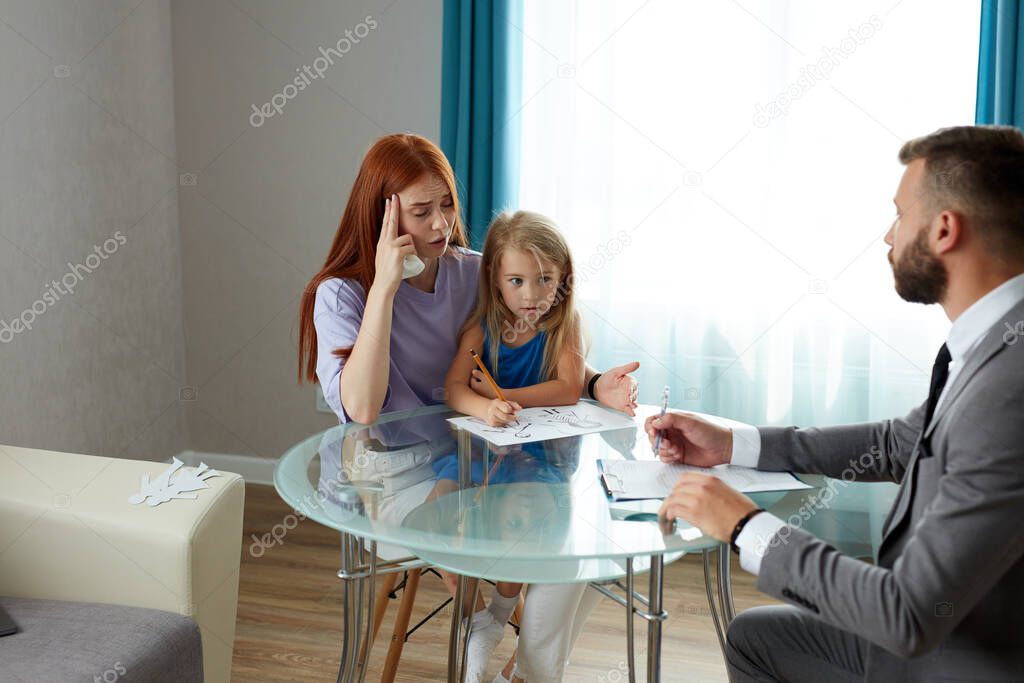 single lonely mother with kid girl and psychologist, husband left his family, went to another mistress