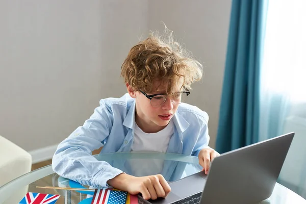 少年はノートパソコンで報告書を入力して宿題をし — ストック写真