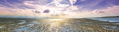 Su su birikintileri mudflat düşük gelgit dan kalan East Frisia Adası Baltrum Almanya'nın liman