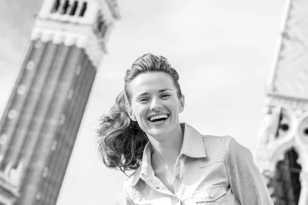 Woman Tourist Laughs She Leans Photo Mark Square Bell Tower — Stock Photo, Image