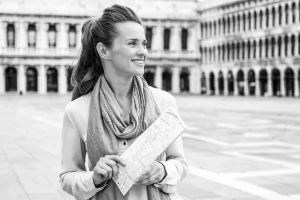 Smiling Looking Distance Elegant Tourist Holds Folded Map Her Hands — Stock Photo, Image