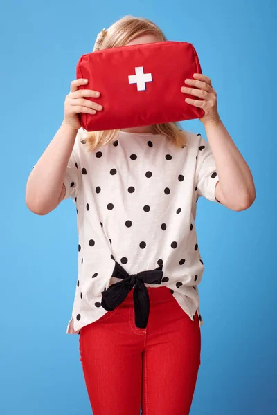 Modern Child Red Pants Holding First Aid Kit Front Face — Stock Photo, Image