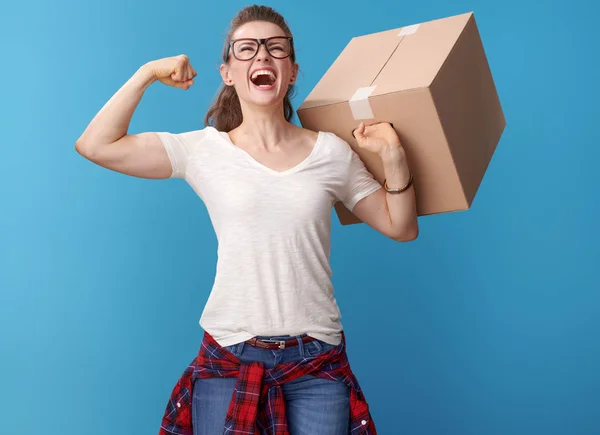 Portrait Smiling Modern Woman White Shirt Cardboard Box Rejoicing Isolated — Stock Photo, Image