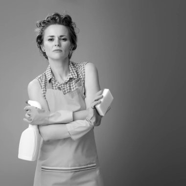 Güzel genç kadın bir önlük ile mutfak sünger ve deterjan Temizleme