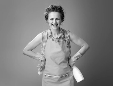 bir önlük mutfak sünger ve deterjan temizlik ile mutlu modern kadın 