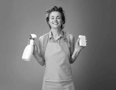 gülümseyen bir önlük mutfak sünger ve deterjan bir şişe ile modern kadın