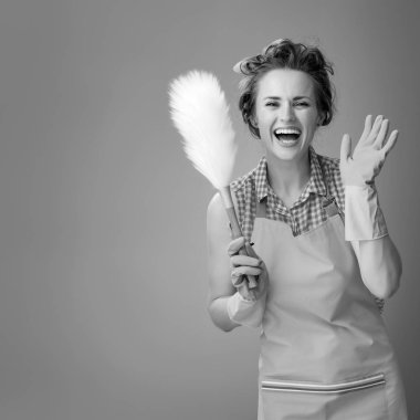 Genç Ev hanımı bir önlük bir toz bezi fırça gülümseyen