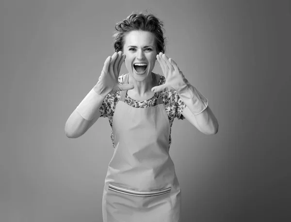 Happy Young Woman Rubber Gloves Shouting Megaphone Shaped Hands — Stock Photo, Image