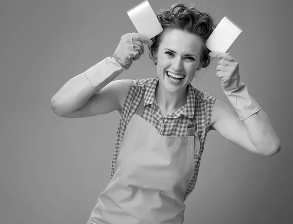 Happy Young Housewife Rubber Gloves Making Ears Kitchen Sponges — Stock Photo, Image