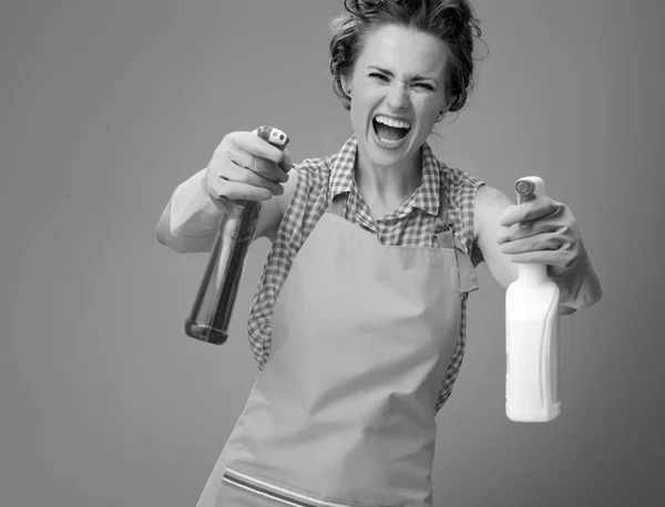 Cheerful Young Housewife Rubber Gloves Using Bottles Cleaning Detergents Guns — Stock Photo, Image