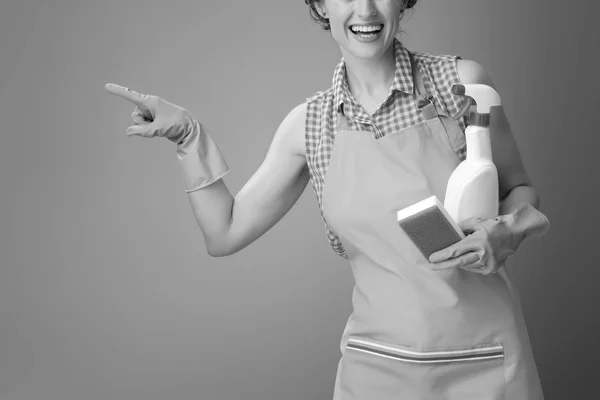 台所用スポンジと洗剤を指してのボトル エプロンの幸せな現代の女性 — ストック写真