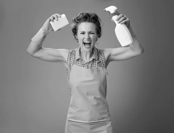 Smiling Modern Housewife Apron Kitchen Sponge Bottle Detergent Showing Biceps — Stock Photo, Image