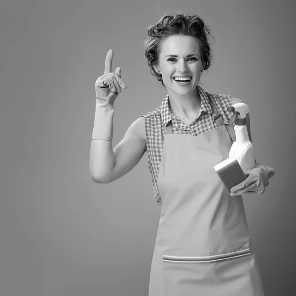 Happy Modern Woman Rubber Gloves Kitchen Sponge Bottle Detergent Got — Stock Photo, Image