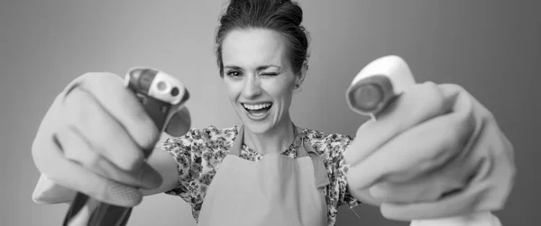 Happy Modern Woman Rubber Gloves Using Bottles Cleaning Detergent Guns — Stock Photo, Image