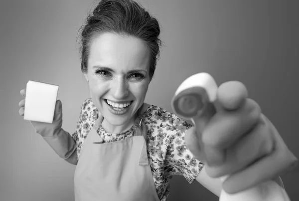 Smiling Modern Housewife Apron Kitchen Sponge Using Cleaning Detergent — Stock Photo, Image