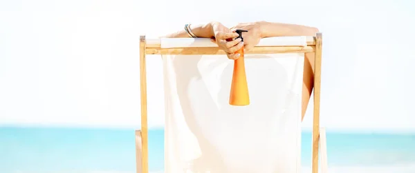 Seen Modern Woman Sitting Beach Chair Seashore Sun Block — Stock Photo, Image