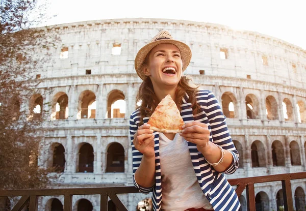 Smiling Modern Tourist Woman Straw Hat Rome Italy Slice Pizza — Stock Photo, Image