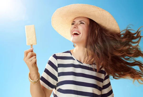 Smiling Trendy Woman Straw Hat Blue Sky Ice Cream Stick Royalty Free Stock Photos