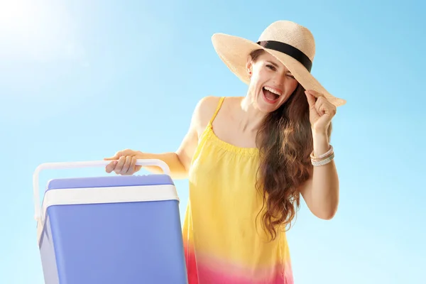 Retrato Mujer Sana Alegre Vestido Colorido Con Caja Plástico Azul —  Fotos de Stock