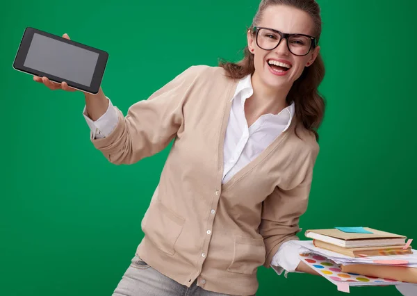 Smiling Modern Student Woman Books Notes Records Tablet Showing Convenience — Stock Photo, Image