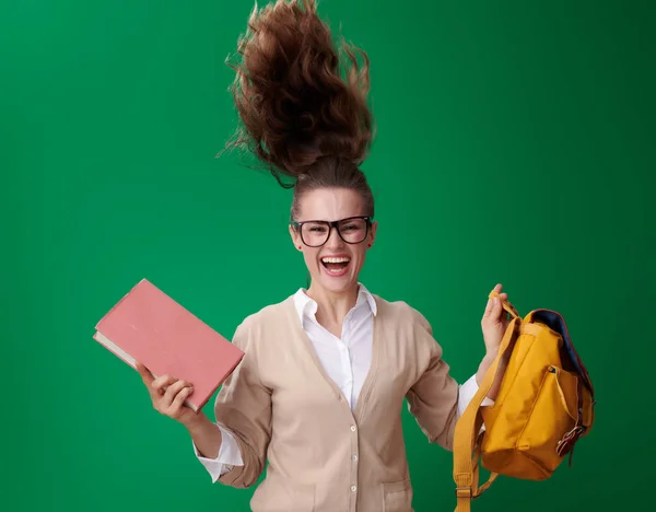 Feliz Estudiante Moderna Mujer Con Libro Mochila Saltando Sobre Fondo —  Fotos de Stock