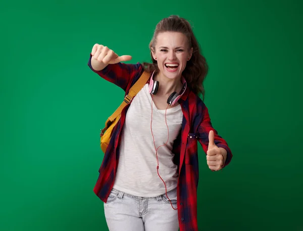 Happy Modern Student Woman Red Shirt Backpack Headphones Showing Thumbs — Stock Photo, Image