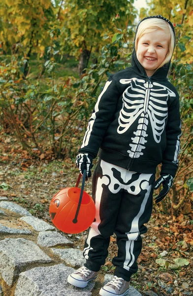 Happy Child Wearing Skeleton Costume Halloween Holding Pumpkin Jack Lantern — Stock Photo, Image
