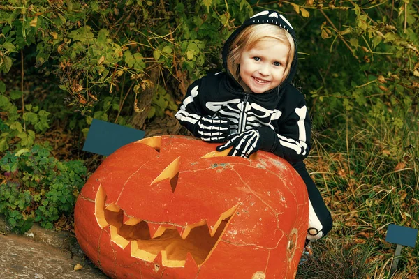 Niño Feliz Con Disfraz Esqueleto Halloween Apoyado Calabaza Enorme Jack —  Fotos de Stock